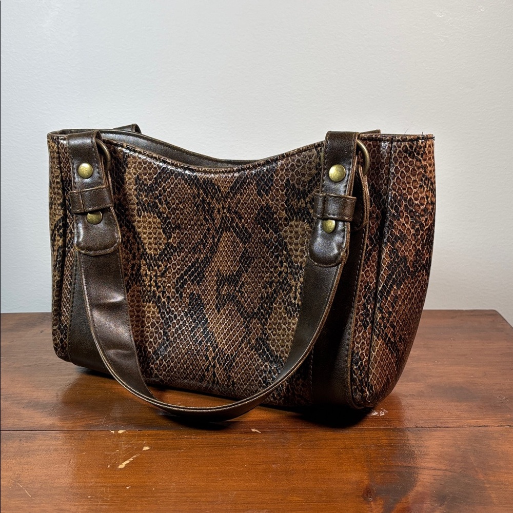 Y2K Billabong Brown Snake-Print Shoulder Bag with Leather Trim Woman Medium Size - Picture 3 of 14